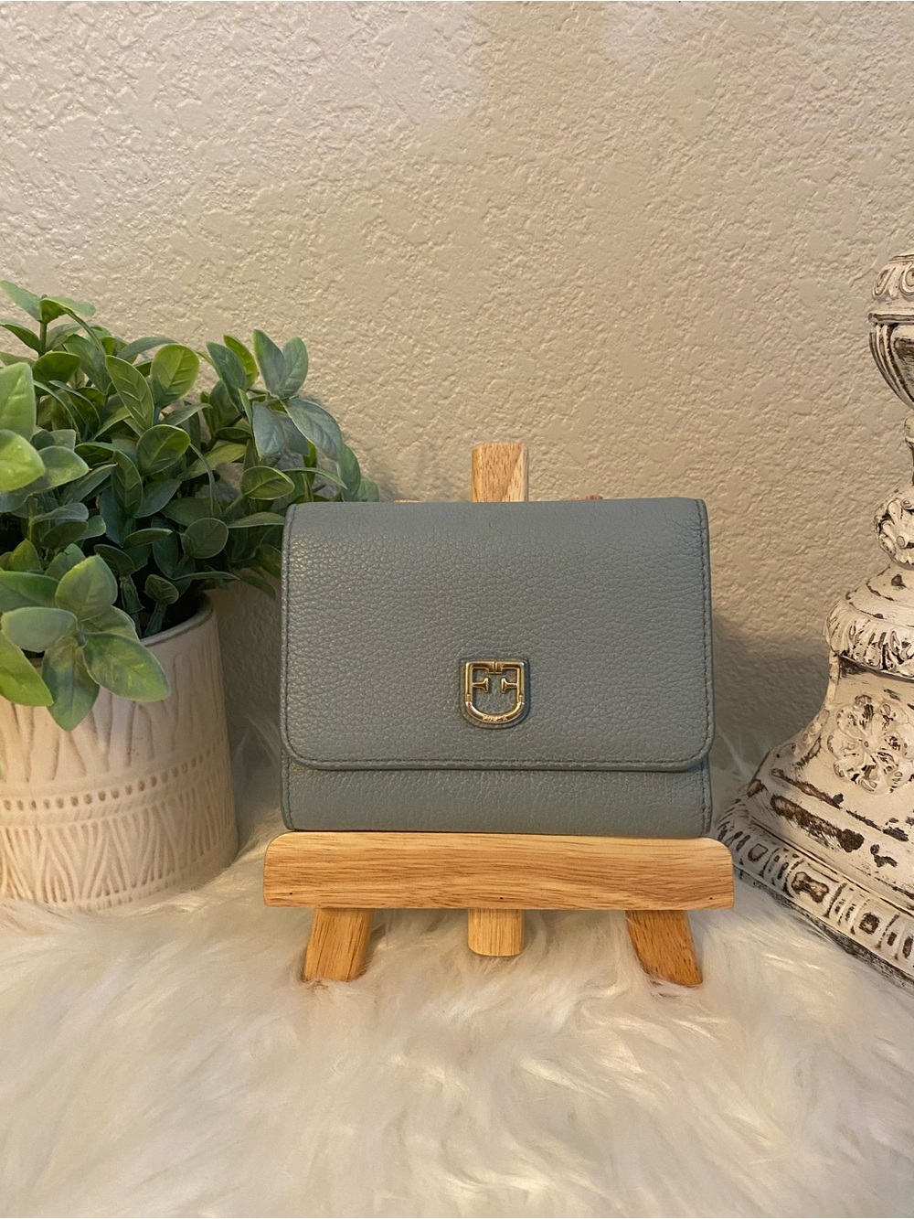 Furla Dusty Blue Leather Wallet with Gold Logo